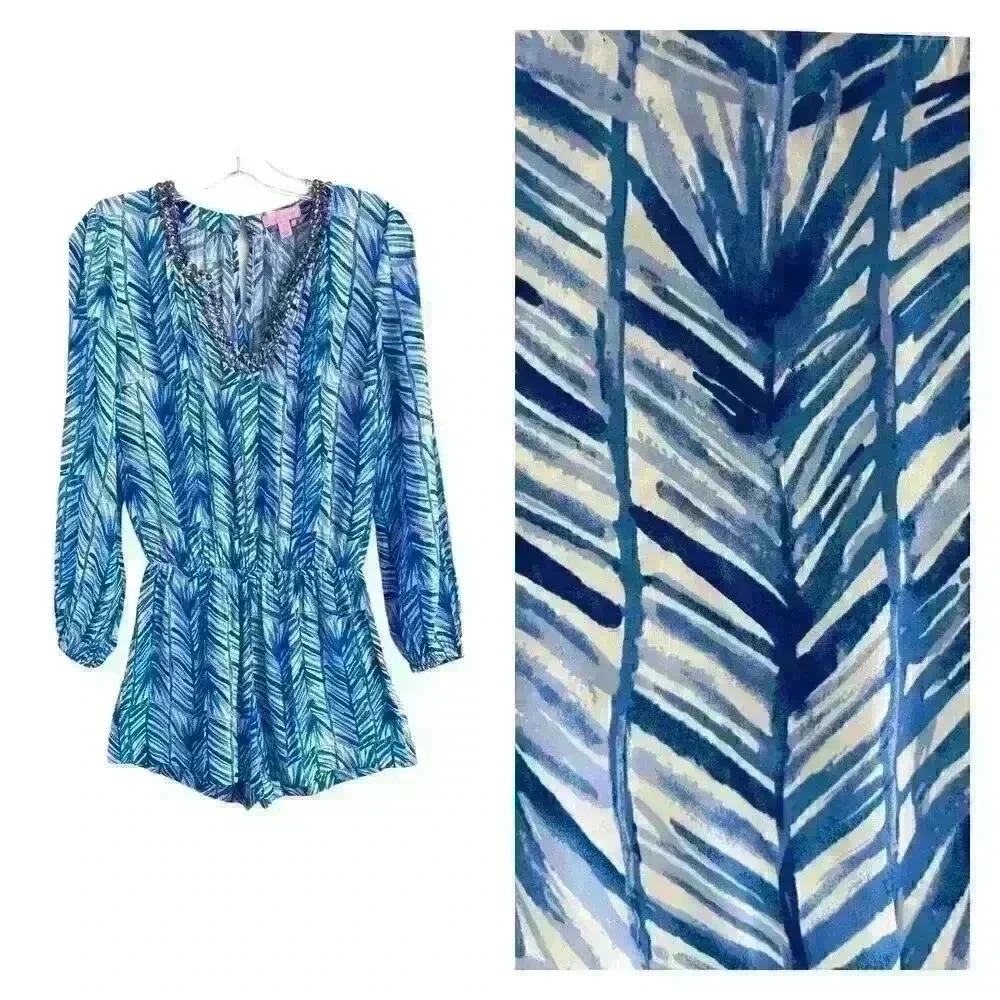 Lilly Pulitzer Sz XS Colby Romper Blue Palm Print Summer Vacation Travel Night - Picture 2 of 16